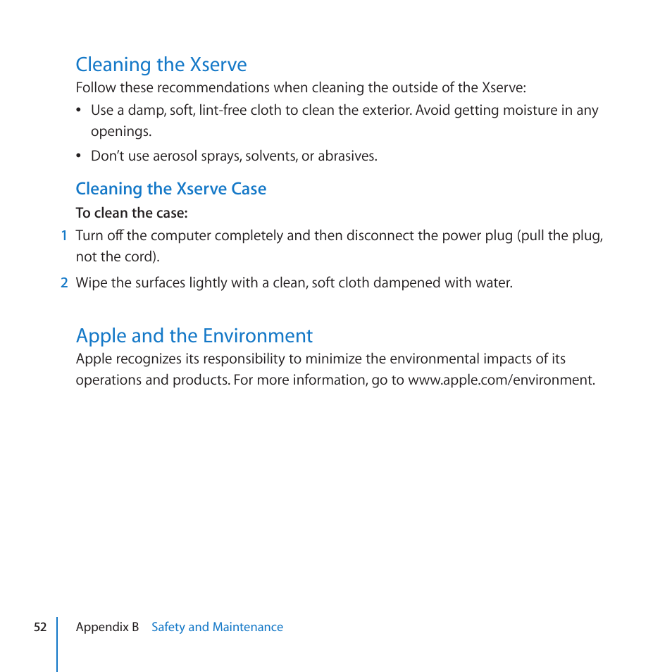 Cleaning the xserve, Apple and the environment | Apple Xserve (Early 2009) User Manual | Page 52 / 60