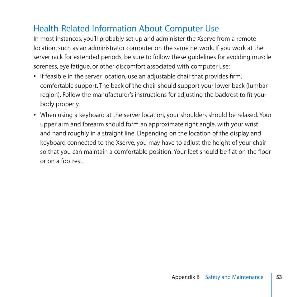 Health-related information about computer use, 53 health-related information about computer use | Apple Xserve (Early 2009) User Manual | Page 53 / 60