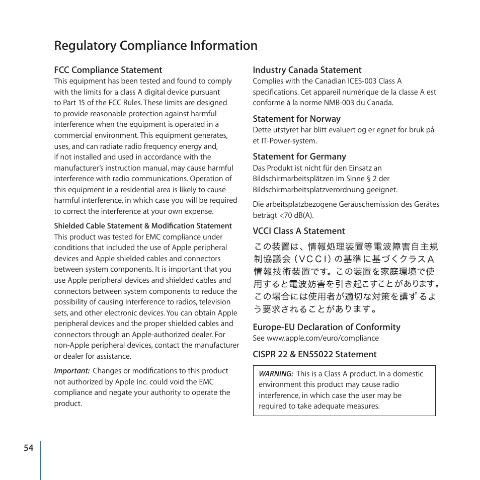 Regulatory compliance information, 54 regulatory compliance information | Apple Xserve (Early 2009) User Manual | Page 54 / 60