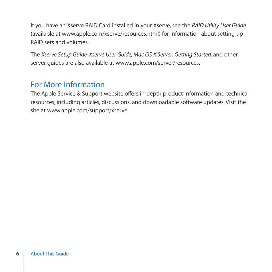 For more information | Apple Xserve (Early 2009) User Manual | Page 6 / 60