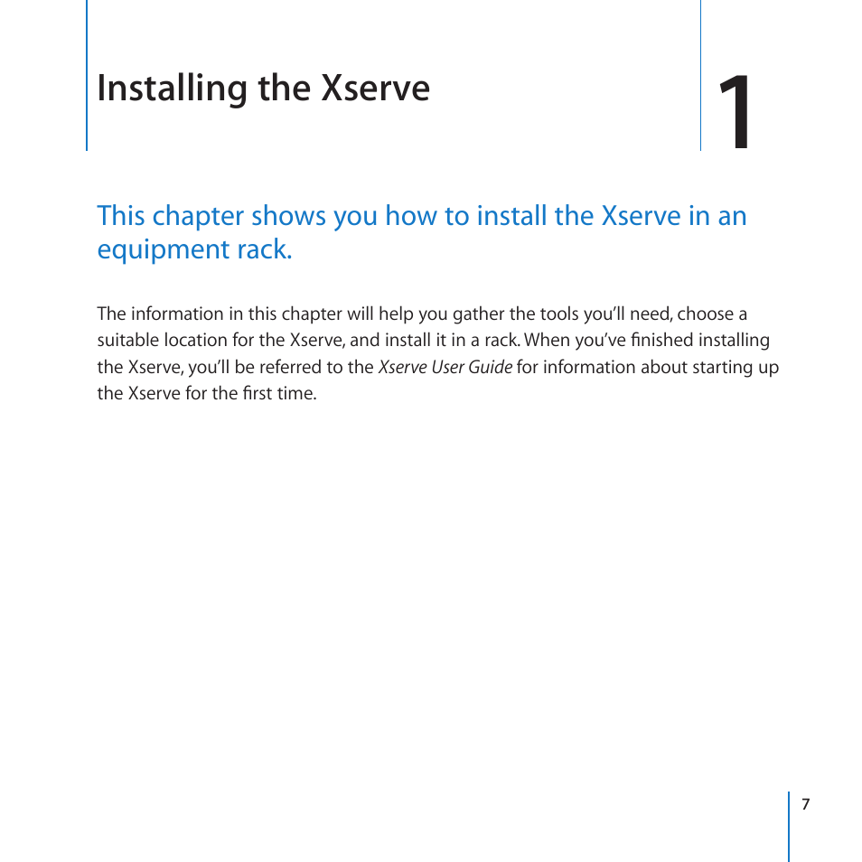 Chapter 1: installing the xserve | Apple Xserve (Early 2009) User Manual | Page 7 / 60