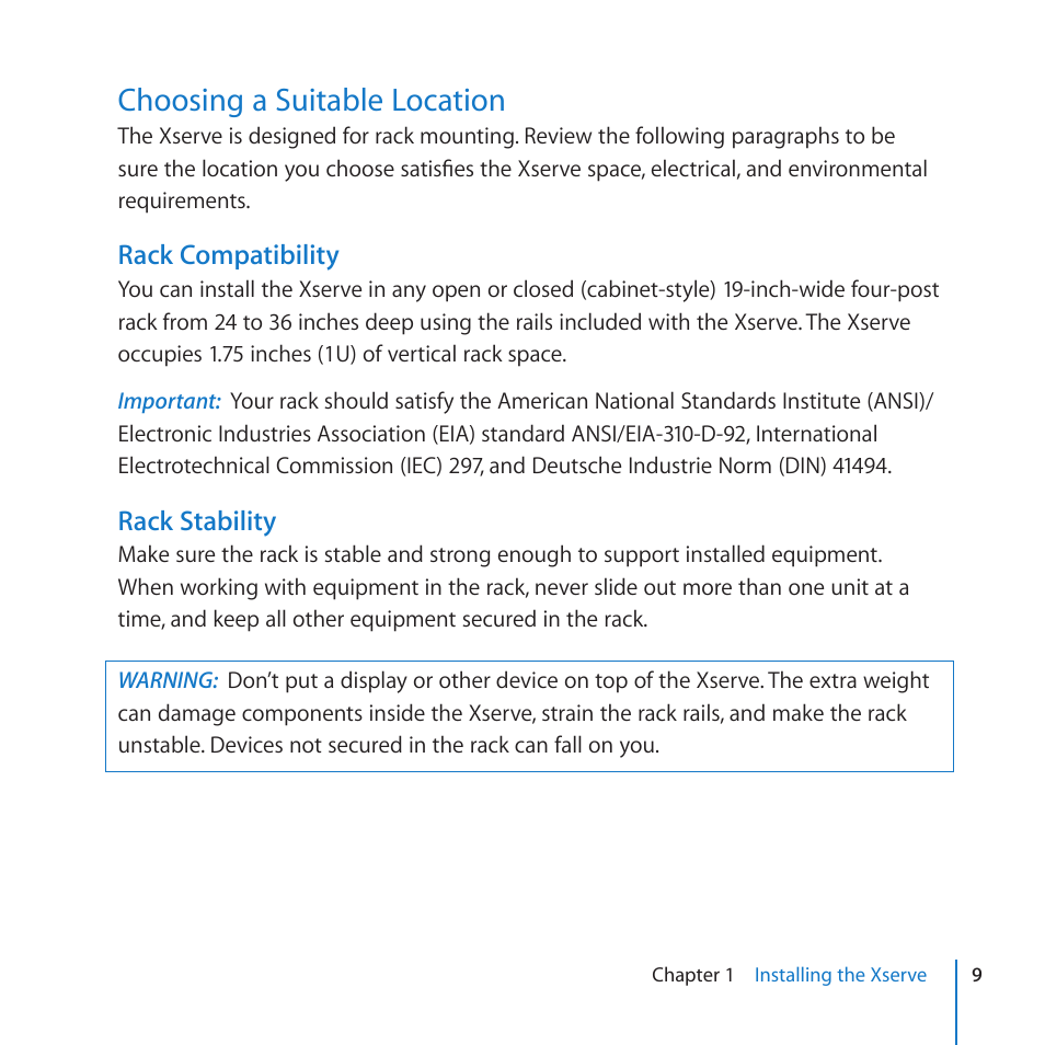 Choosing a suitable location, Rack compatibility, Rack stability | Apple Xserve (Early 2009) User Manual | Page 9 / 60