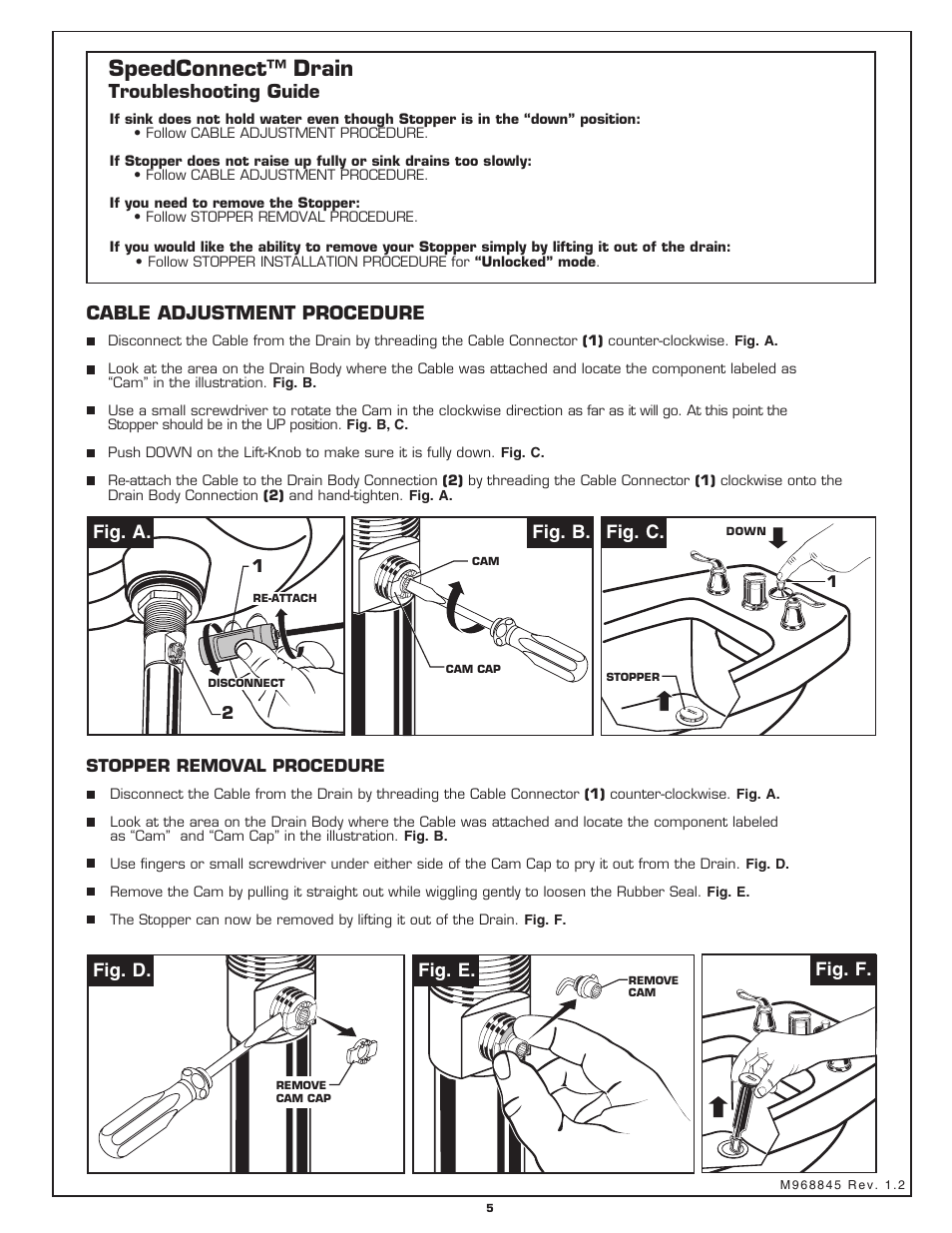 Speedconnect™ drain, Troubleshooting guide, Cable adjustment procedure | Fig. b, Fig. e, Fig. d, Fig. c, Fig. f, Fig. a | American Standard SPEED CONNECT 4508.4 User Manual | Page 5 / 7