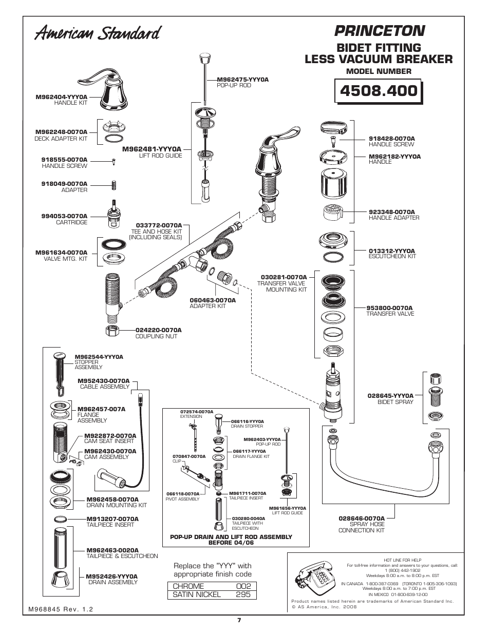 Princeton, Bidet fitting less vacuum breaker, Model number | American Standard SPEED CONNECT 4508.4 User Manual | Page 7 / 7
