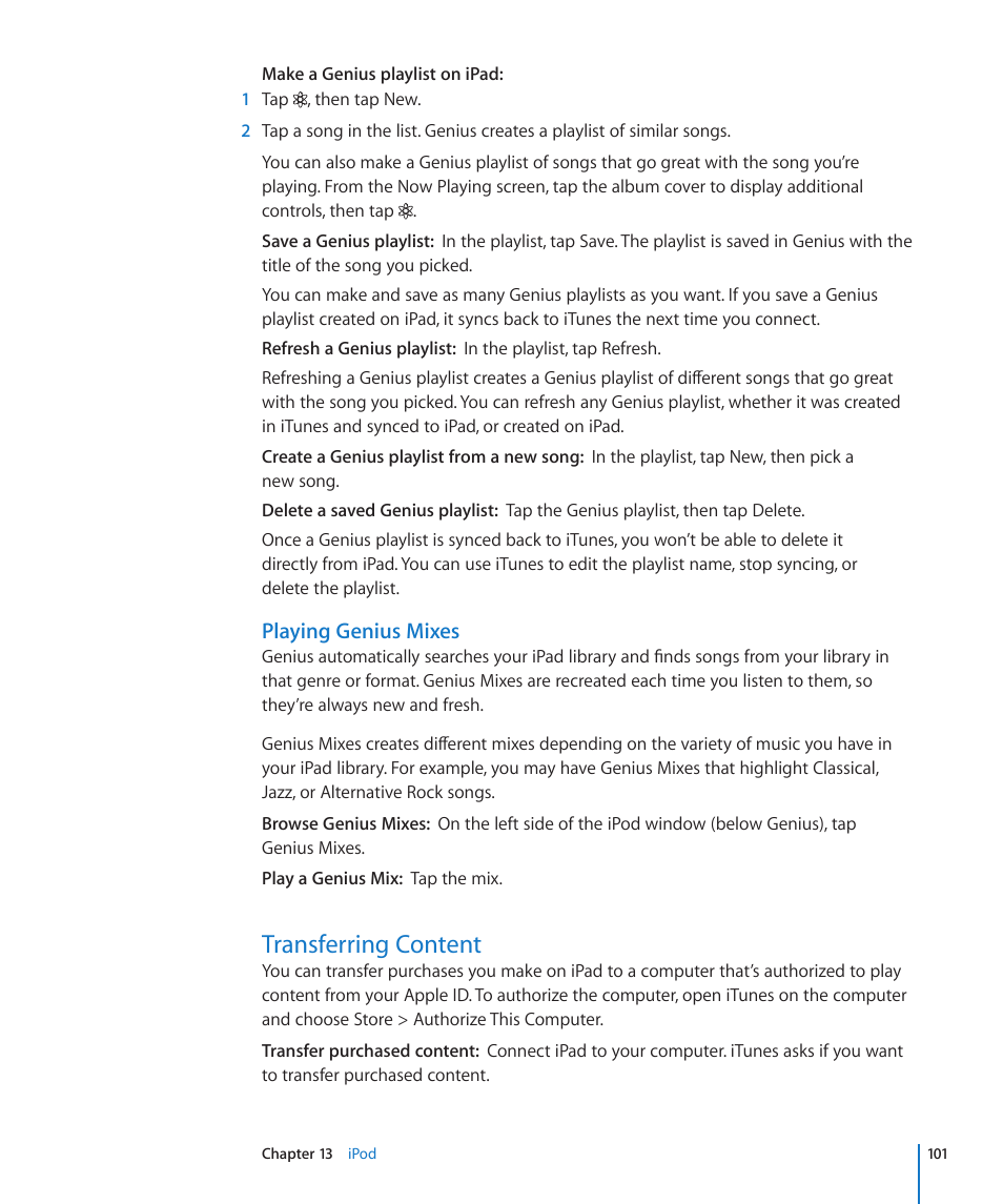 Transferring content, 101 transferring content, Playing genius mixes | Apple iPad iOS 4.2 User Manual | Page 101 / 181