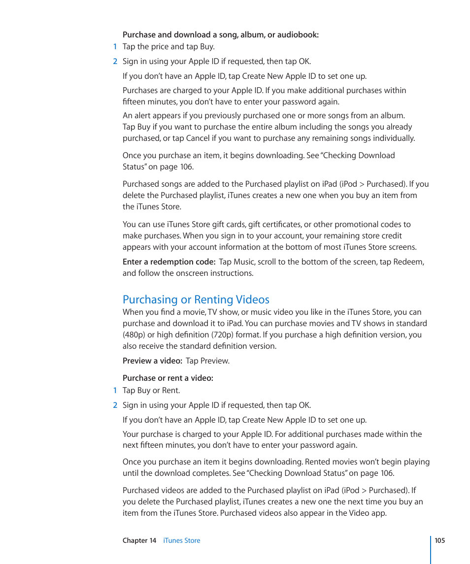 Purchasing or renting videos, 105 purchasing or renting videos | Apple iPad iOS 4.2 User Manual | Page 105 / 181