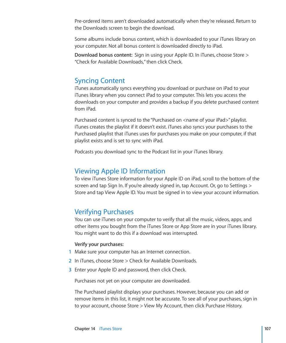 Syncing content, Viewing apple id information, Verifying purchases | Apple iPad iOS 4.2 User Manual | Page 107 / 181