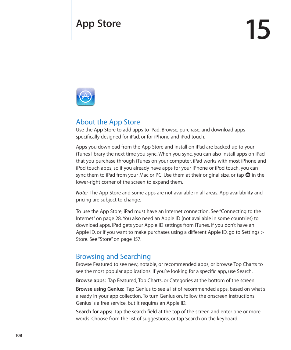 Chapter 15: app store, About the app store, Browsing and searching | 108 about the app store 108 browsing and searching, App store | Apple iPad iOS 4.2 User Manual | Page 108 / 181