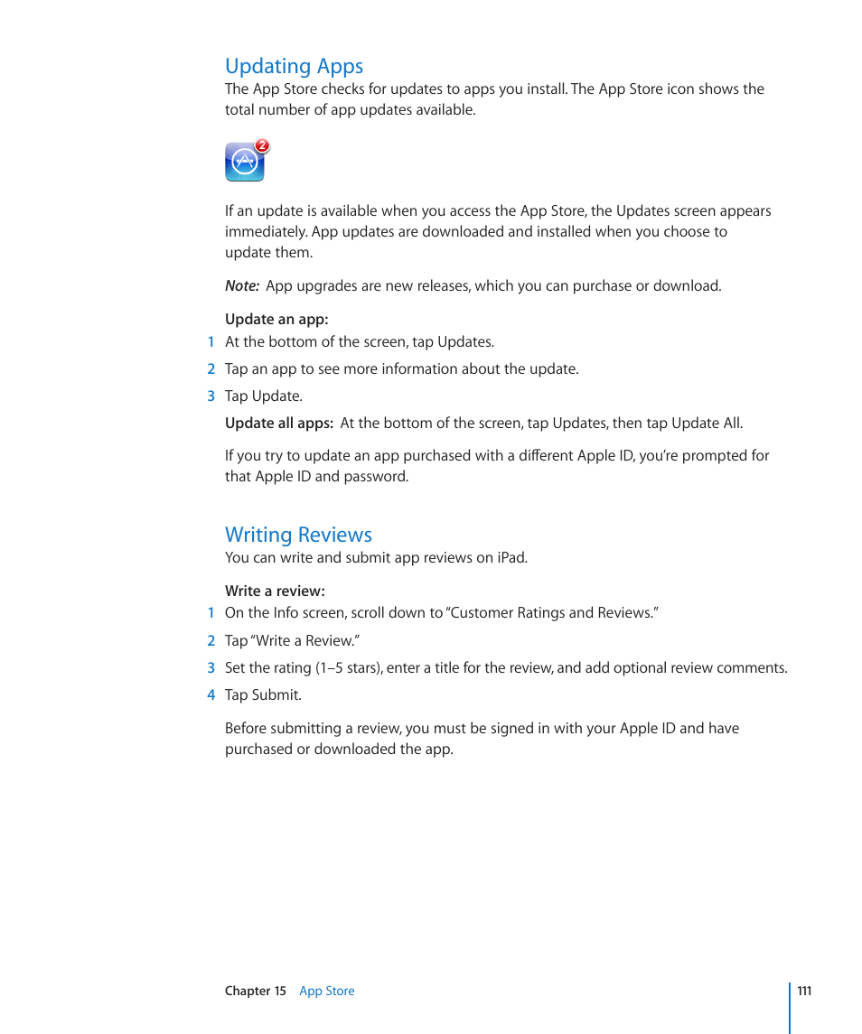 Updating apps, Writing reviews, 111 updating apps 111 writing reviews | Apple iPad iOS 4.2 User Manual | Page 111 / 181