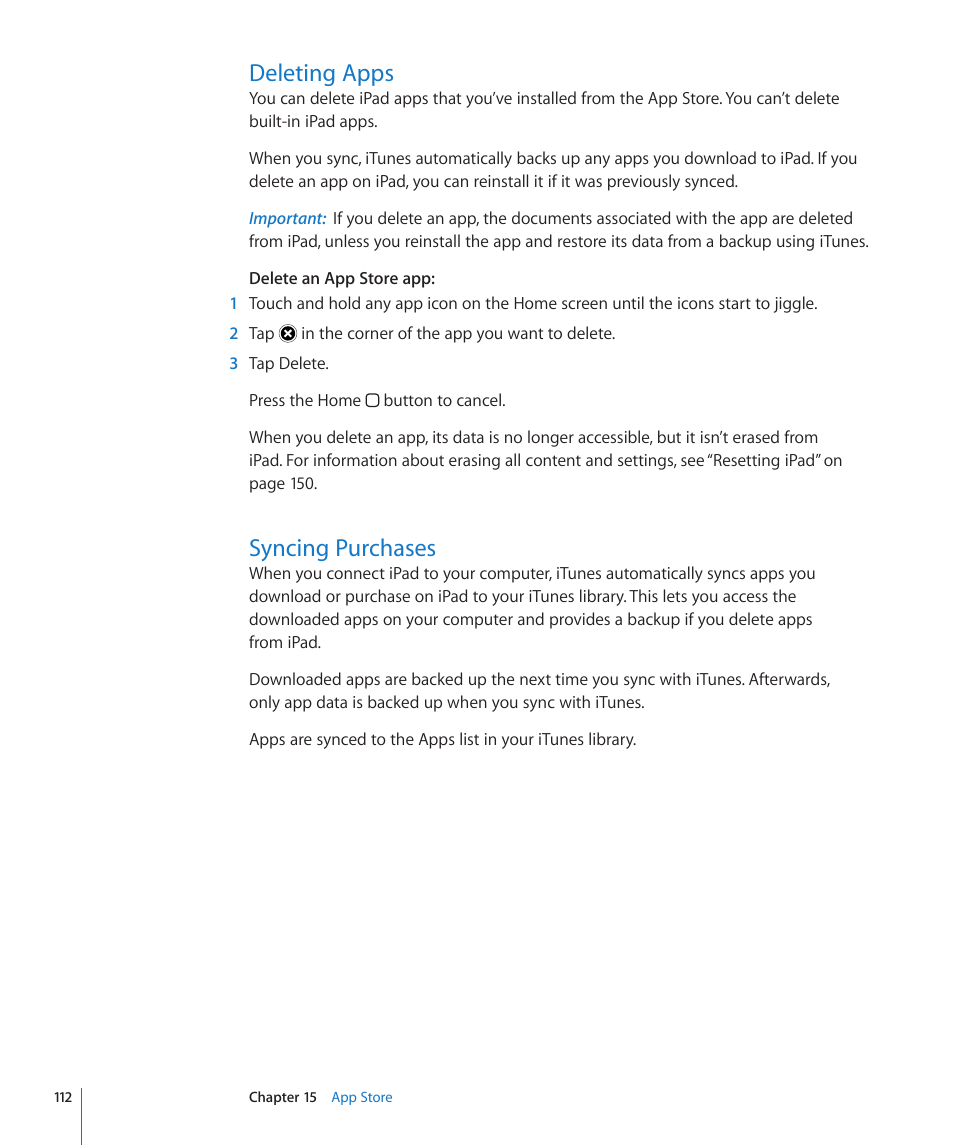 Deleting apps, Syncing purchases, 112 deleting apps 112 syncing purchases | Apple iPad iOS 4.2 User Manual | Page 112 / 181