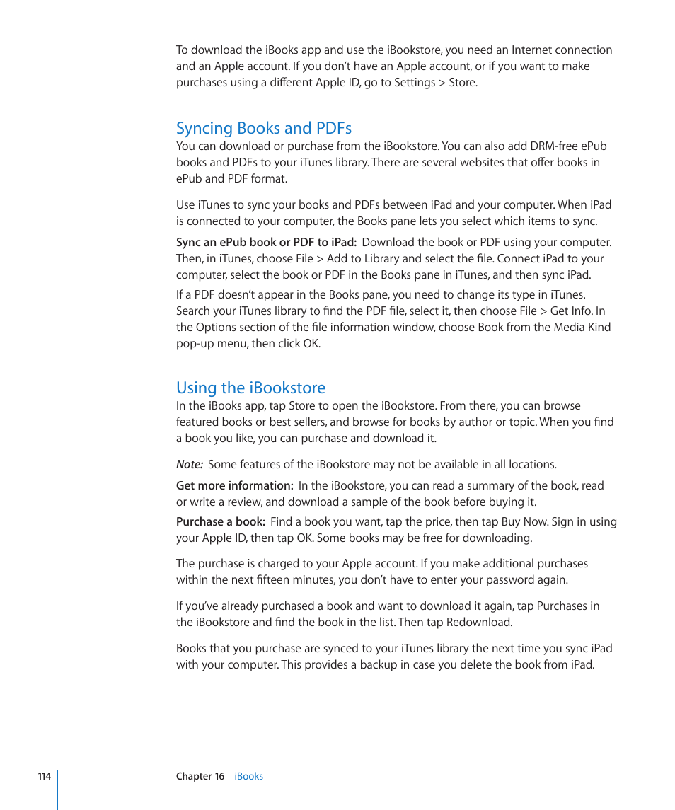 Syncing books and pdfs, Using the ibookstore | Apple iPad iOS 4.2 User Manual | Page 114 / 181