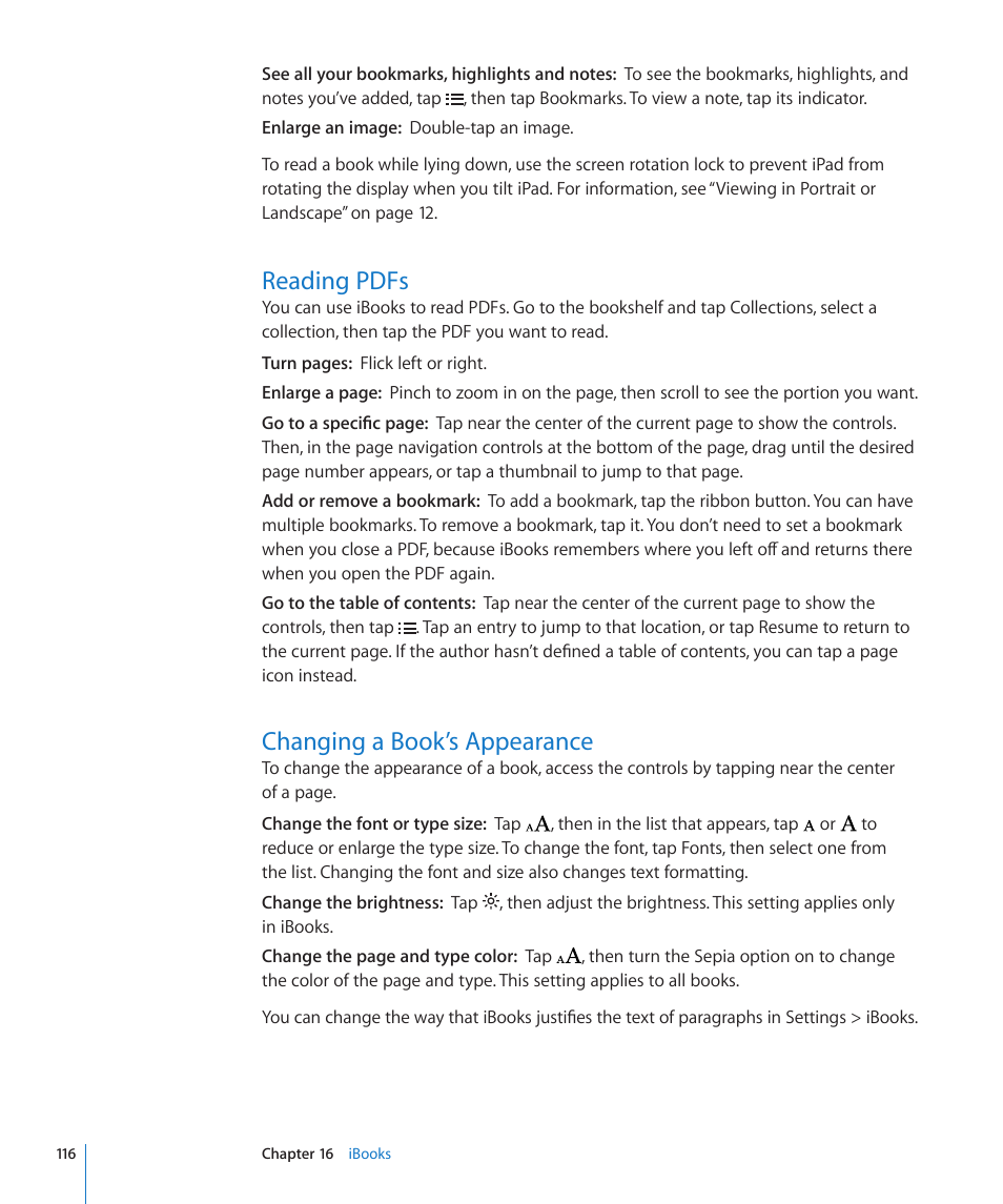 Reading pdfs, Changing a book’s appearance, 116 reading pdfs 116 changing a book’s appearance | Apple iPad iOS 4.2 User Manual | Page 116 / 181