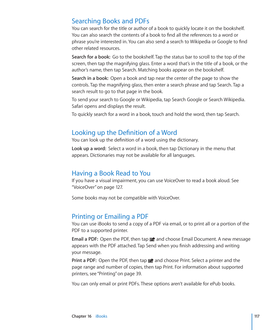 Searching books and pdfs, Looking up the definition of a word, Having a book read to you | Printing or emailing a pdf | Apple iPad iOS 4.2 User Manual | Page 117 / 181