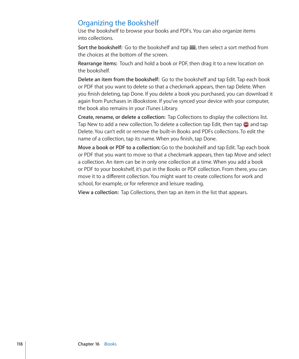 Organizing the bookshelf, 118 organizing the bookshelf | Apple iPad iOS 4.2 User Manual | Page 118 / 181