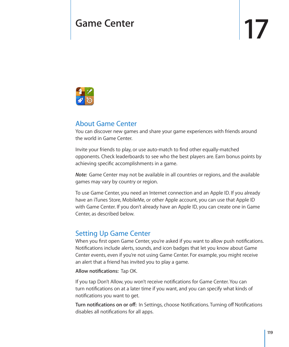 Chapter 17: game center, About game center, Setting up game center | 119 about game center 119 setting up game center, Game center | Apple iPad iOS 4.2 User Manual | Page 119 / 181