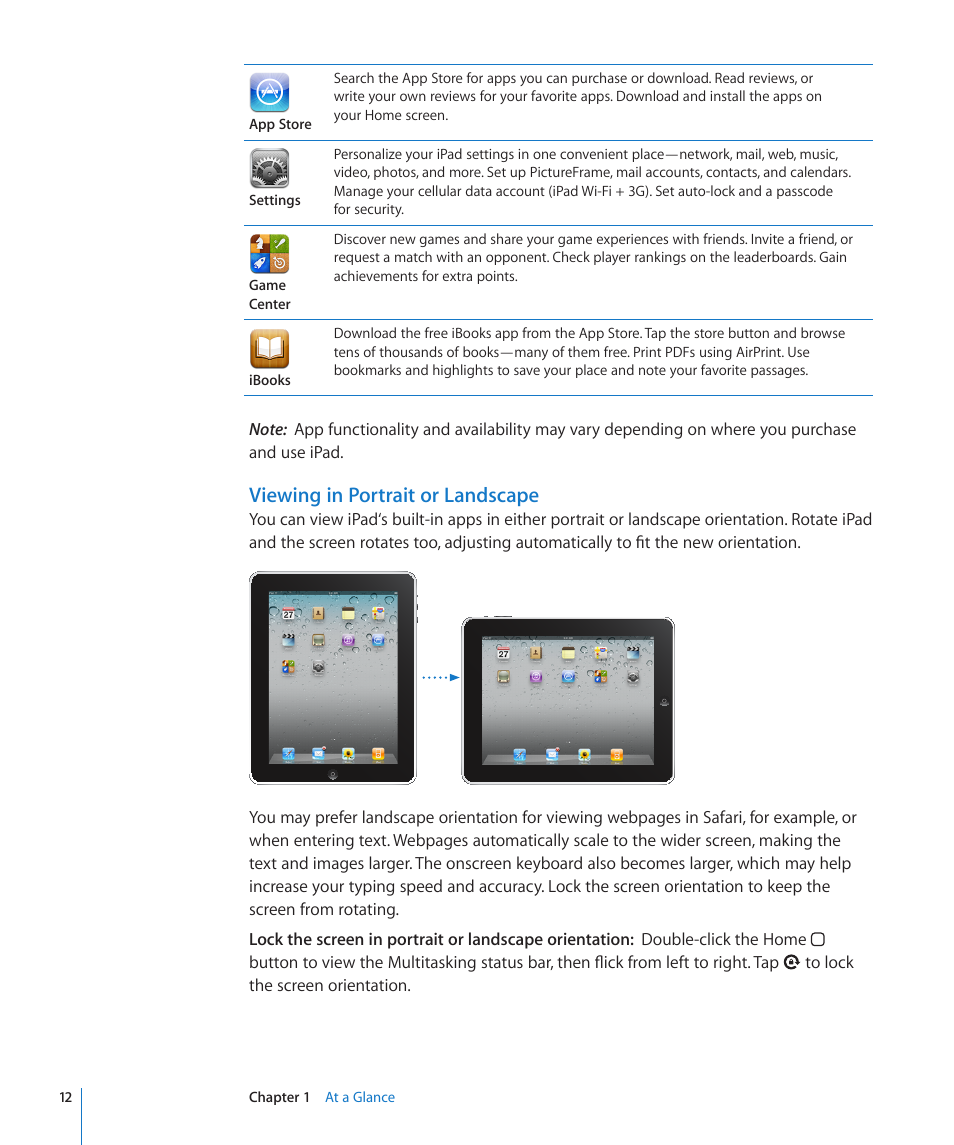 Viewing in portrait or landscape | Apple iPad iOS 4.2 User Manual | Page 12 / 181