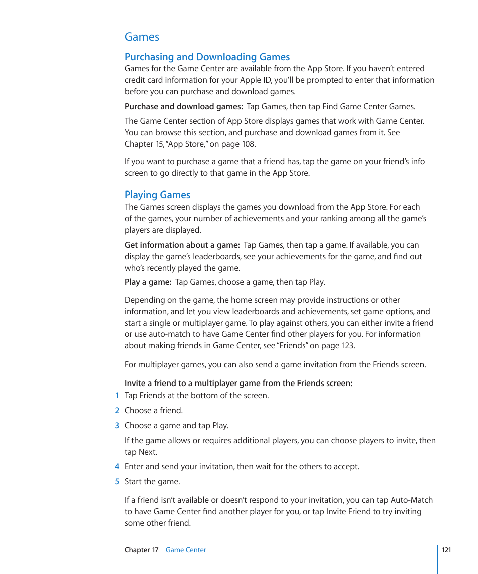 Games, 121 games, Purchasing and downloading games | Playing games | Apple iPad iOS 4.2 User Manual | Page 121 / 181