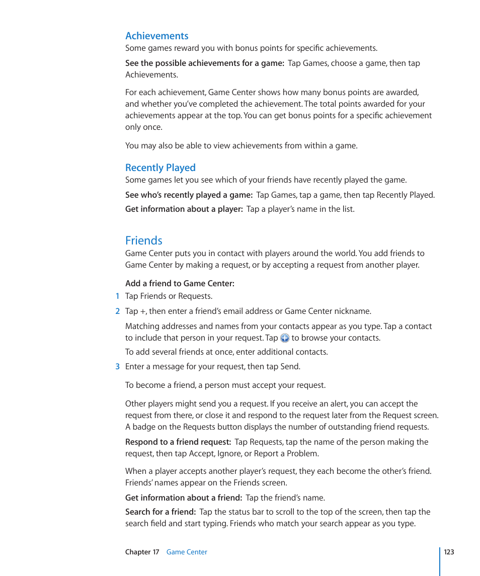Friends, 123 friends, Achievements | Recently played | Apple iPad iOS 4.2 User Manual | Page 123 / 181
