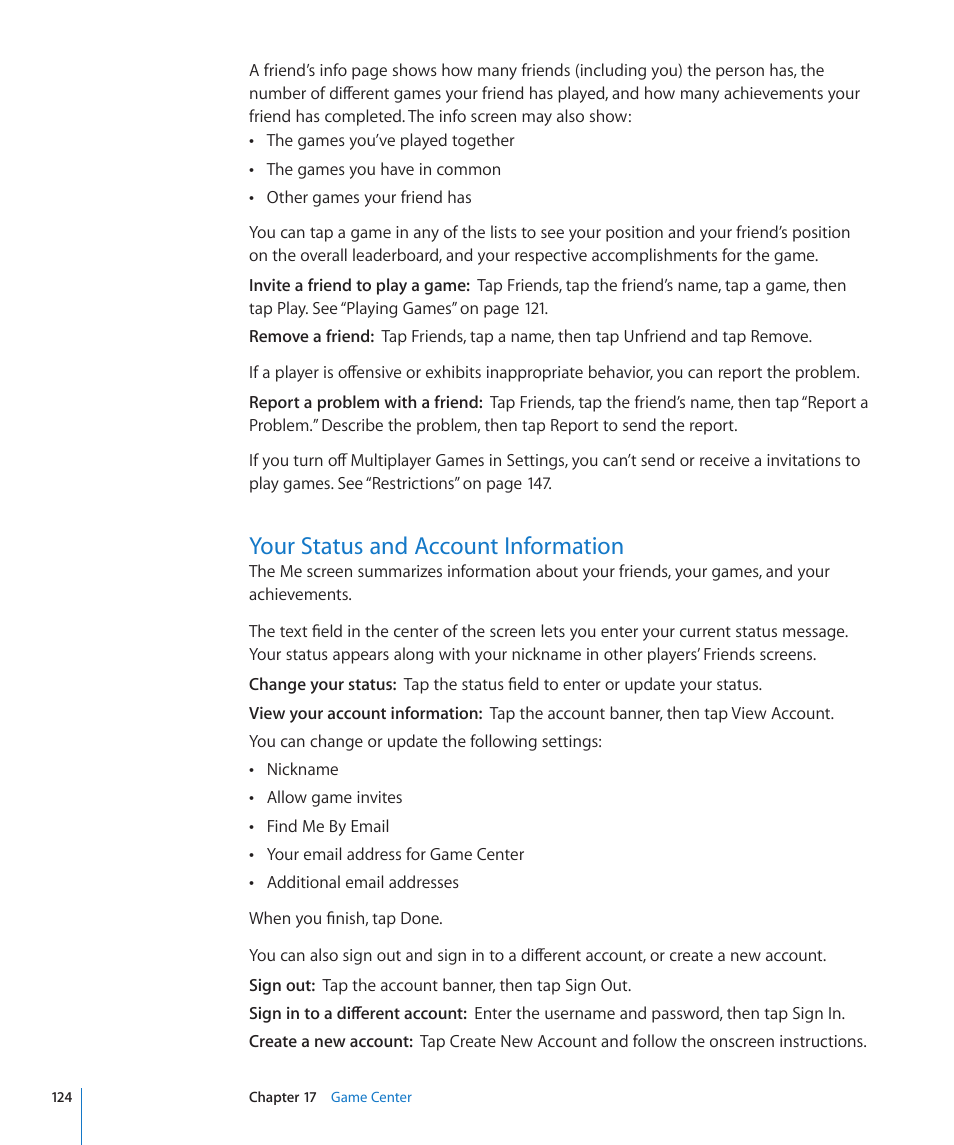 Your status and account information, 124 your status and account information | Apple iPad iOS 4.2 User Manual | Page 124 / 181