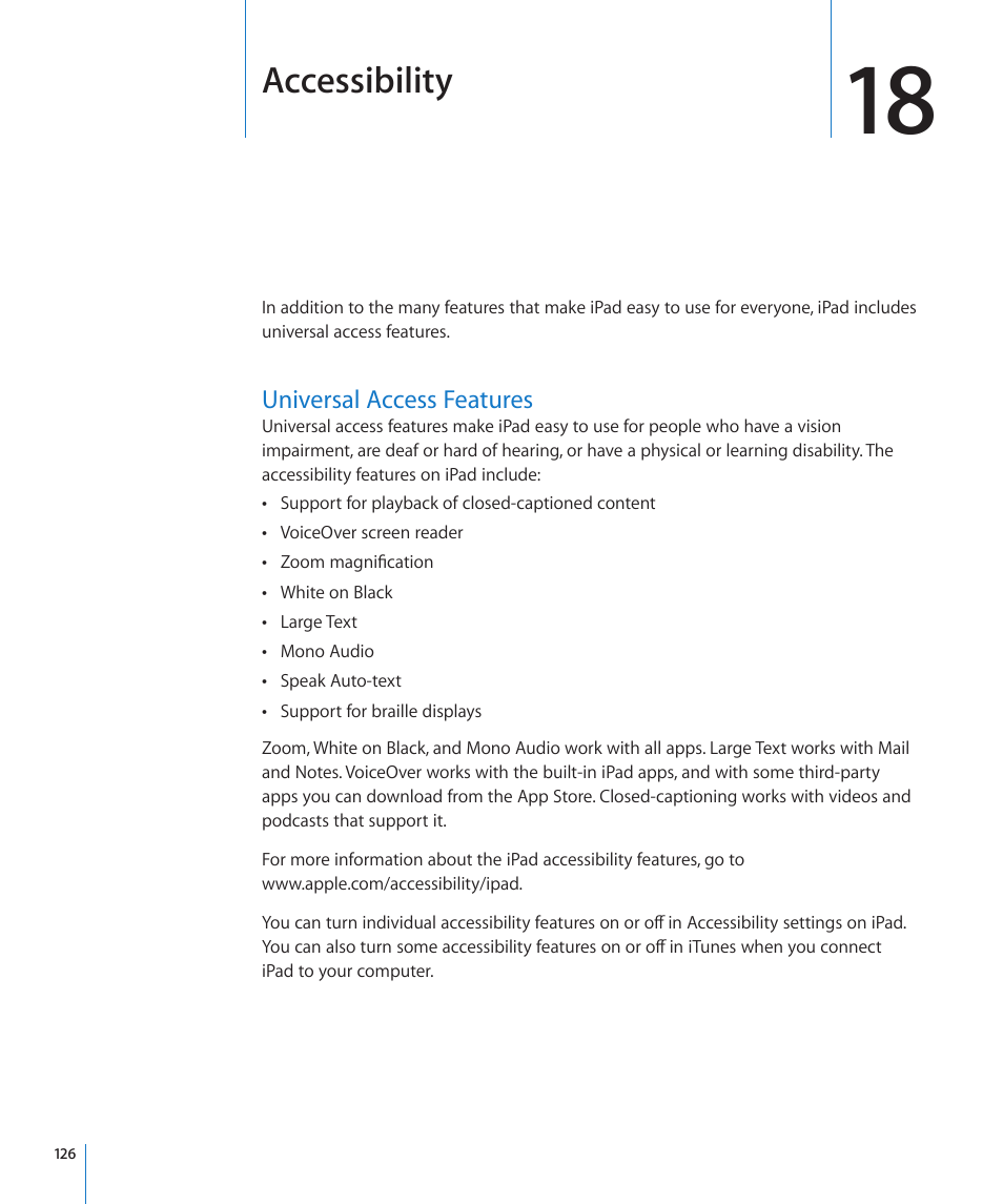 Chapter 18: accessibility, Universal access features, 126 universal access features | Accessibility | Apple iPad iOS 4.2 User Manual | Page 126 / 181