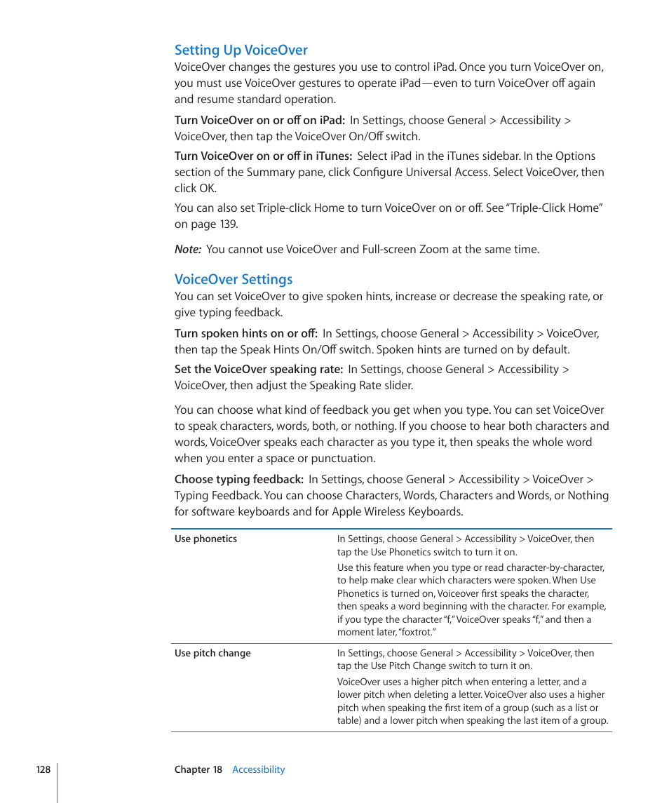 Setting up voiceover, Voiceover settings | Apple iPad iOS 4.2 User Manual | Page 128 / 181