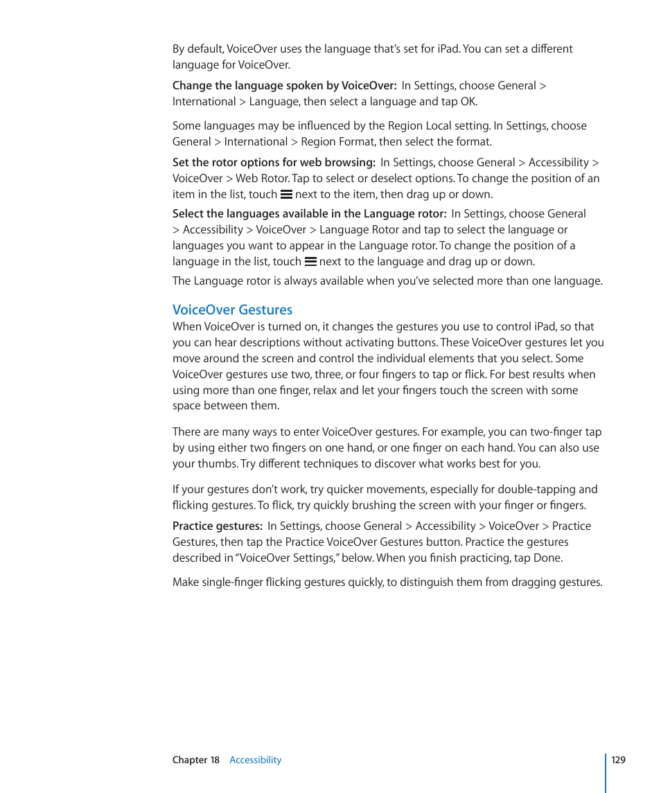 Voiceover gestures | Apple iPad iOS 4.2 User Manual | Page 129 / 181