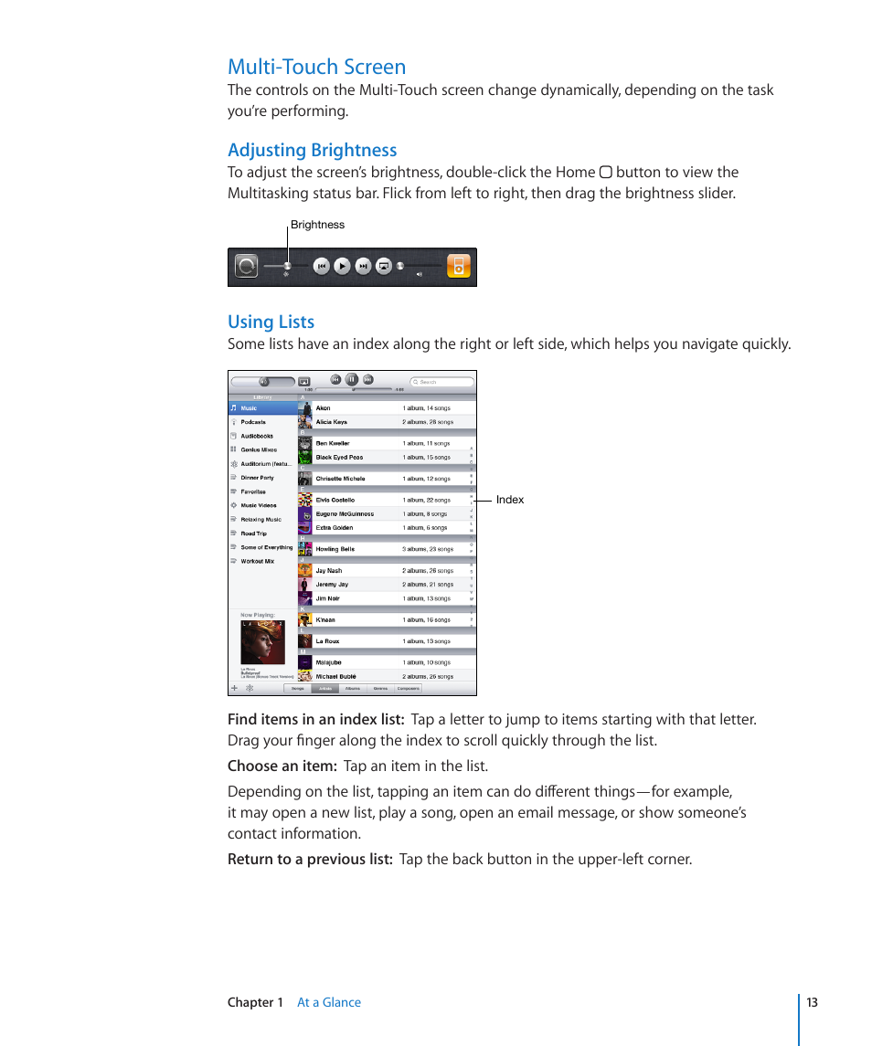 Multi-touch screen, Adjusting brightness, Using lists | Apple iPad iOS 4.2 User Manual | Page 13 / 181