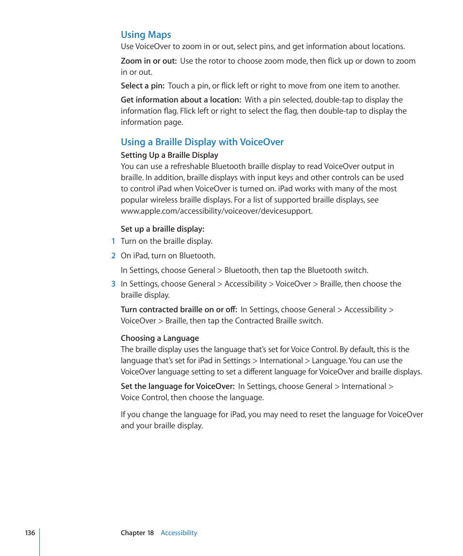 Using maps, Using a braille display with voiceover | Apple iPad iOS 4.2 User Manual | Page 136 / 181