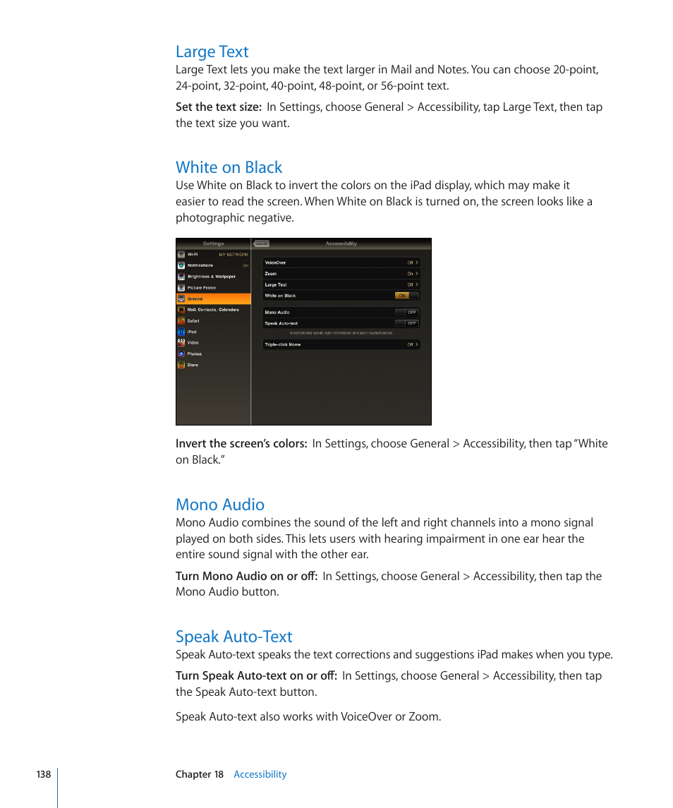 Large text, White on black, Mono audio | Speak auto-text | Apple iPad iOS 4.2 User Manual | Page 138 / 181