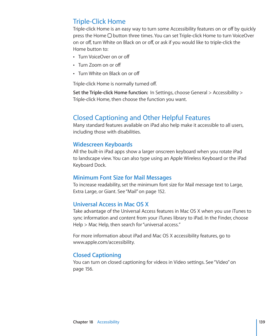 Triple-click home, Closed captioning and other helpful features | Apple iPad iOS 4.2 User Manual | Page 139 / 181