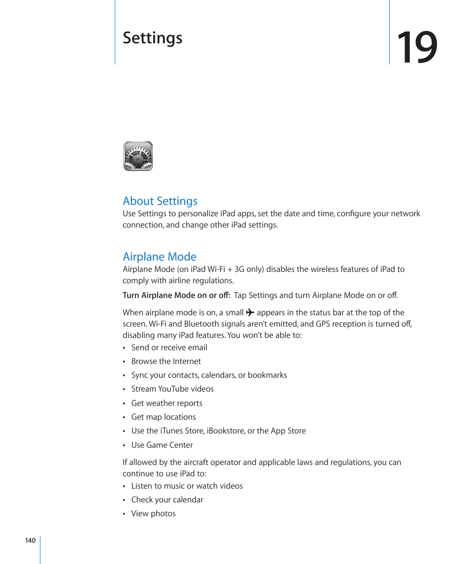 Chapter 19: settings, About settings, Airplane mode | 140 about settings 140 airplane mode, Settings | Apple iPad iOS 4.2 User Manual | Page 140 / 181