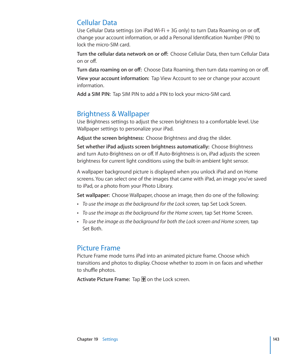 Cellular data, Brightness & wallpaper, Picture frame | Apple iPad iOS 4.2 User Manual | Page 143 / 181