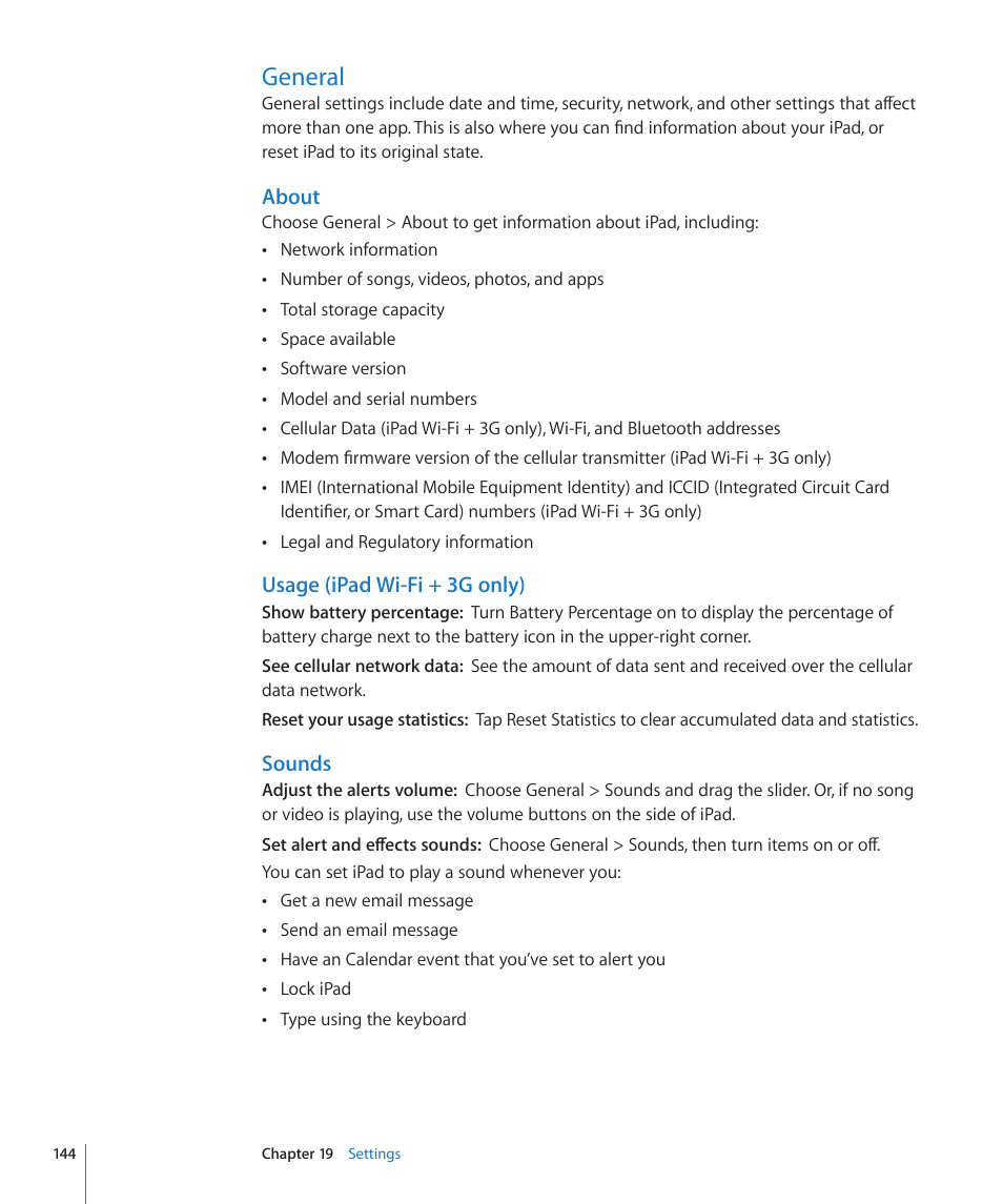 General, 144 general, About | Usage (ipad wi-fi + 3g only), Sounds | Apple iPad iOS 4.2 User Manual | Page 144 / 181