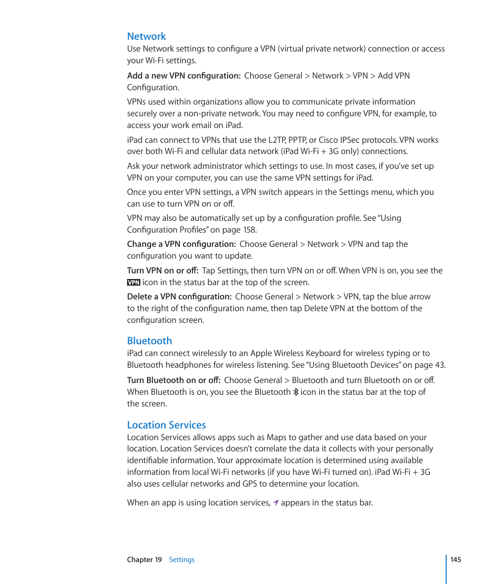 Location services, Network, Bluetooth | Apple iPad iOS 4.2 User Manual | Page 145 / 181