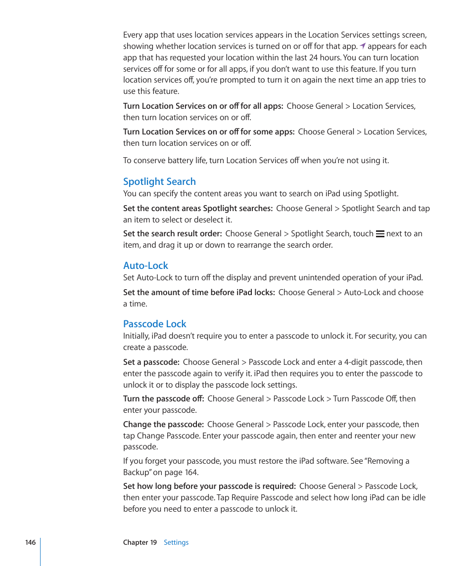 Auto-lock, Passcode lock, Spotlight search | Apple iPad iOS 4.2 User Manual | Page 146 / 181