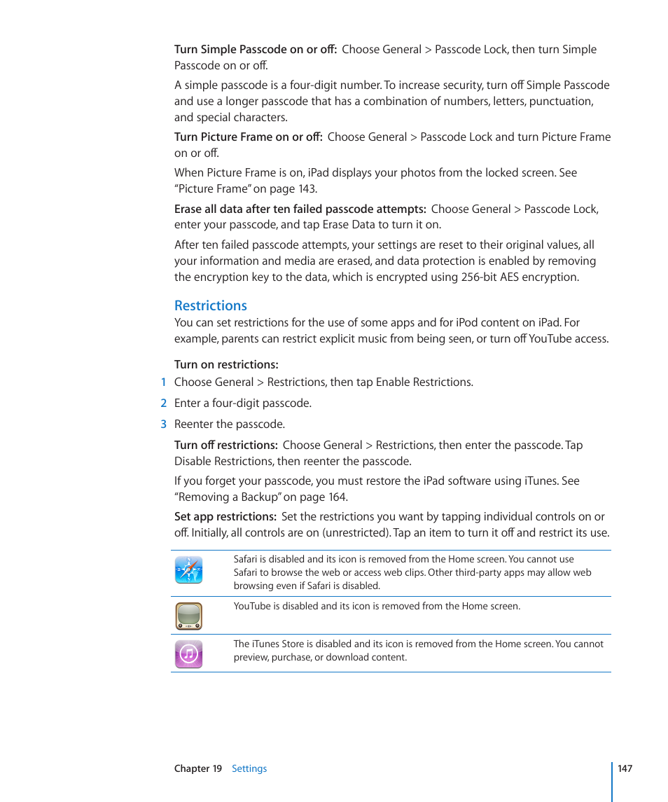 Restrictions | Apple iPad iOS 4.2 User Manual | Page 147 / 181