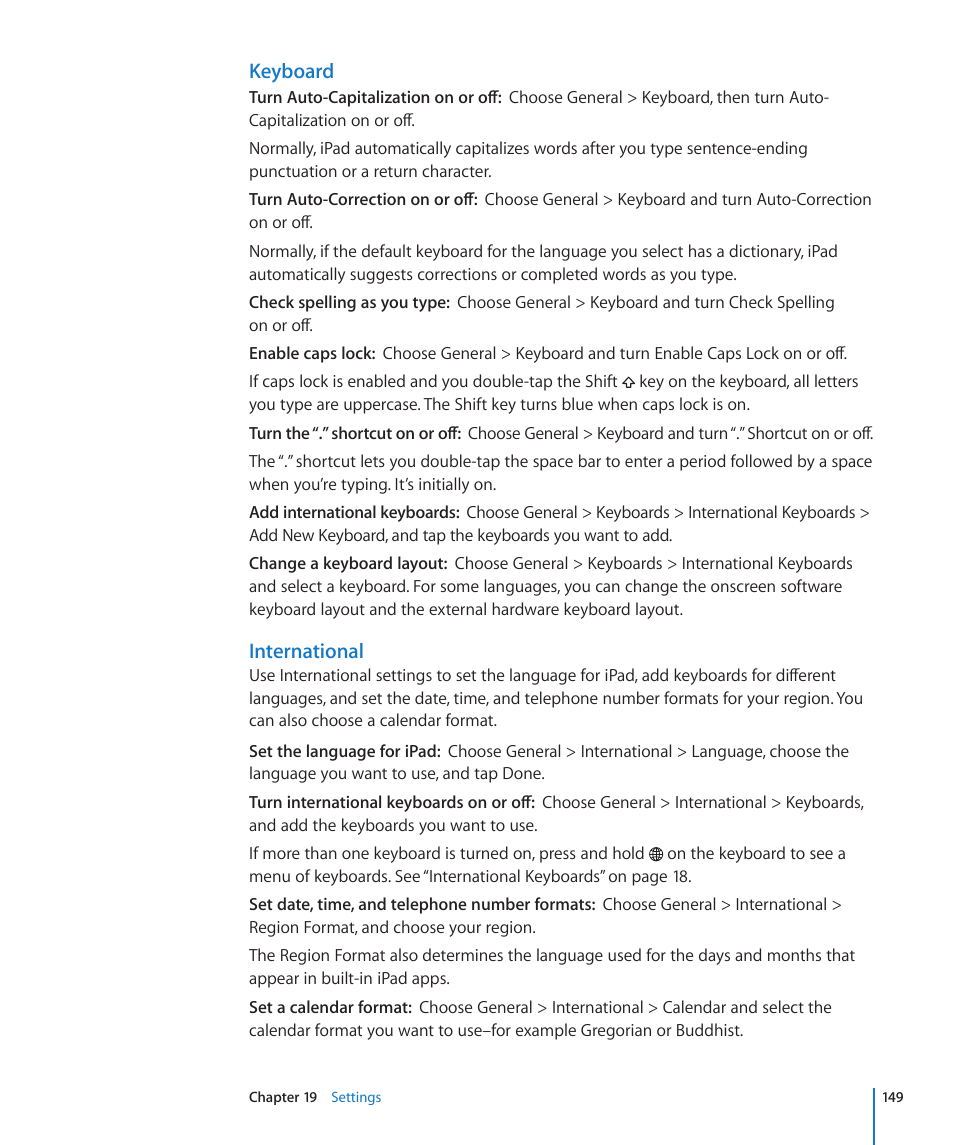 Keyboard, International | Apple iPad iOS 4.2 User Manual | Page 149 / 181