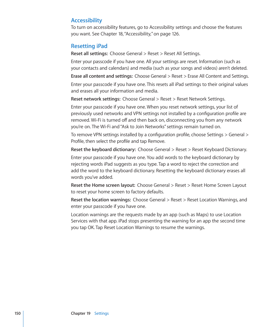 Accessibility, Resetting ipad | Apple iPad iOS 4.2 User Manual | Page 150 / 181