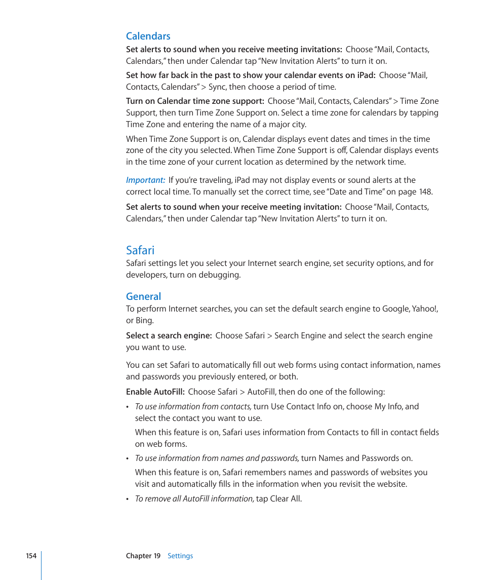 Safari, 154 safari, Calendars | General | Apple iPad iOS 4.2 User Manual | Page 154 / 181