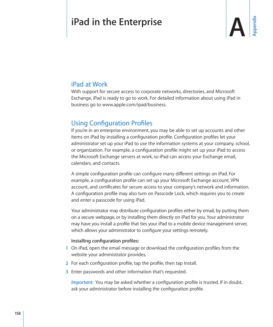 Appendix a: ipad in the enterprise, Ipad at work, Using configuration profiles | Appendix a: ipad in the enterprise, 158 ipad at work 158 using configuration profiles, Ipad in the enterprise | Apple iPad iOS 4.2 User Manual | Page 158 / 181