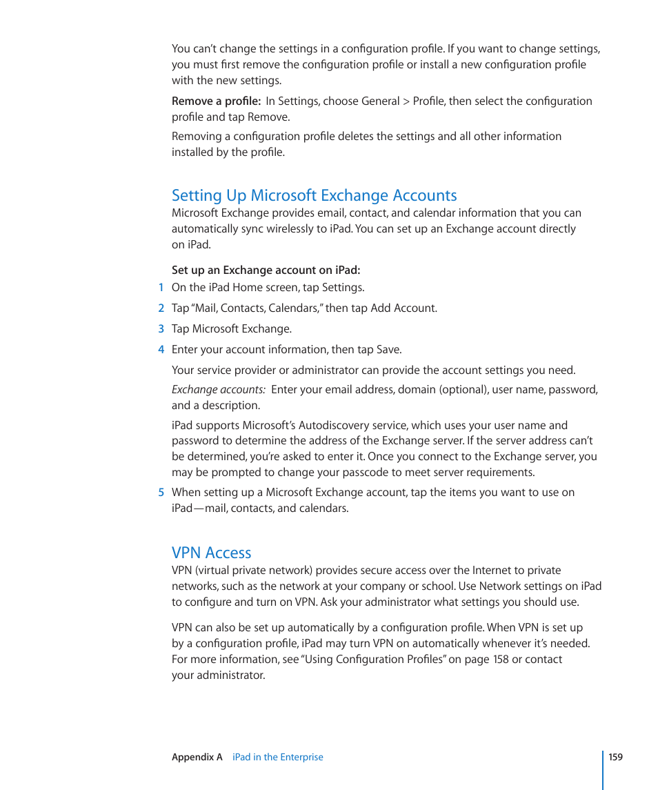 Setting up microsoft exchange accounts, Vpn access | Apple iPad iOS 4.2 User Manual | Page 159 / 181