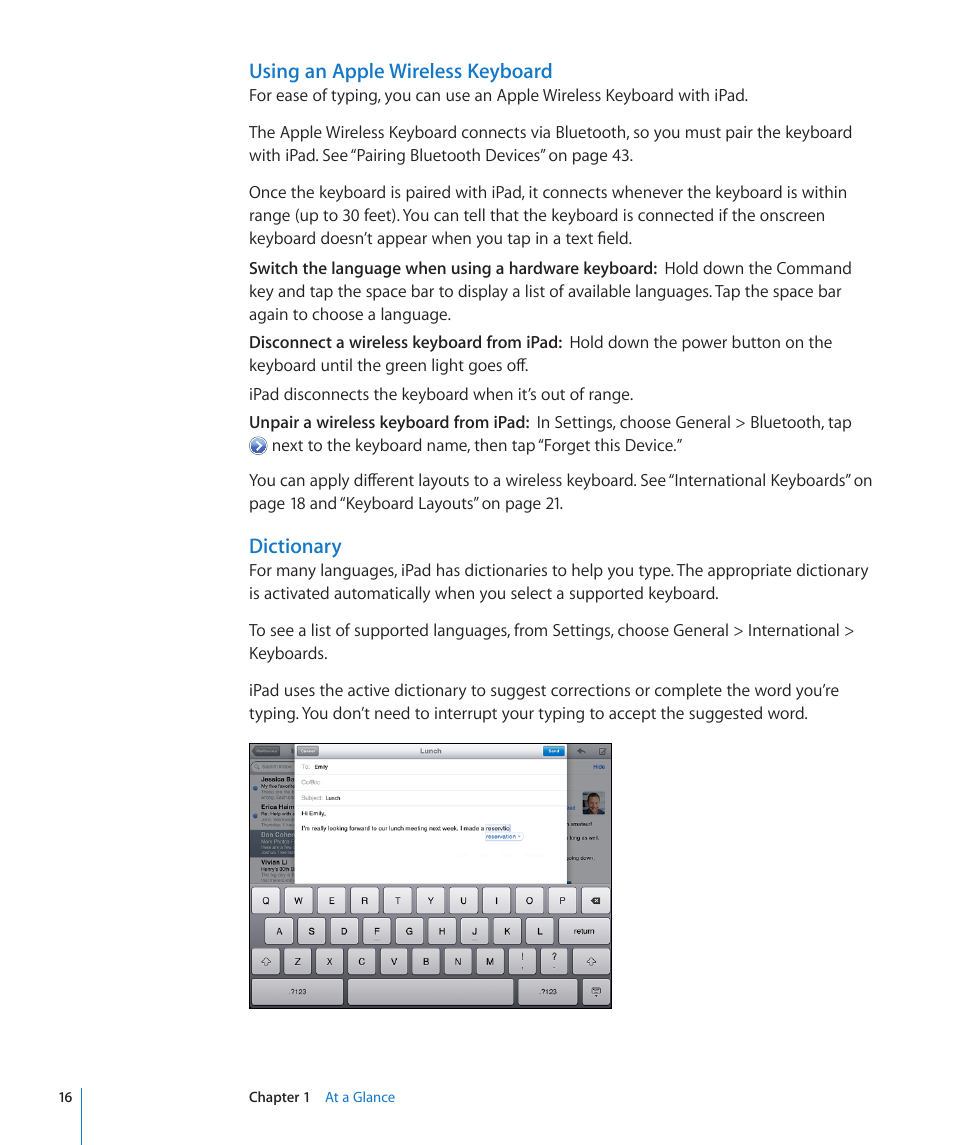 Using an apple wireless keyboard, Dictionary | Apple iPad iOS 4.2 User Manual | Page 16 / 181