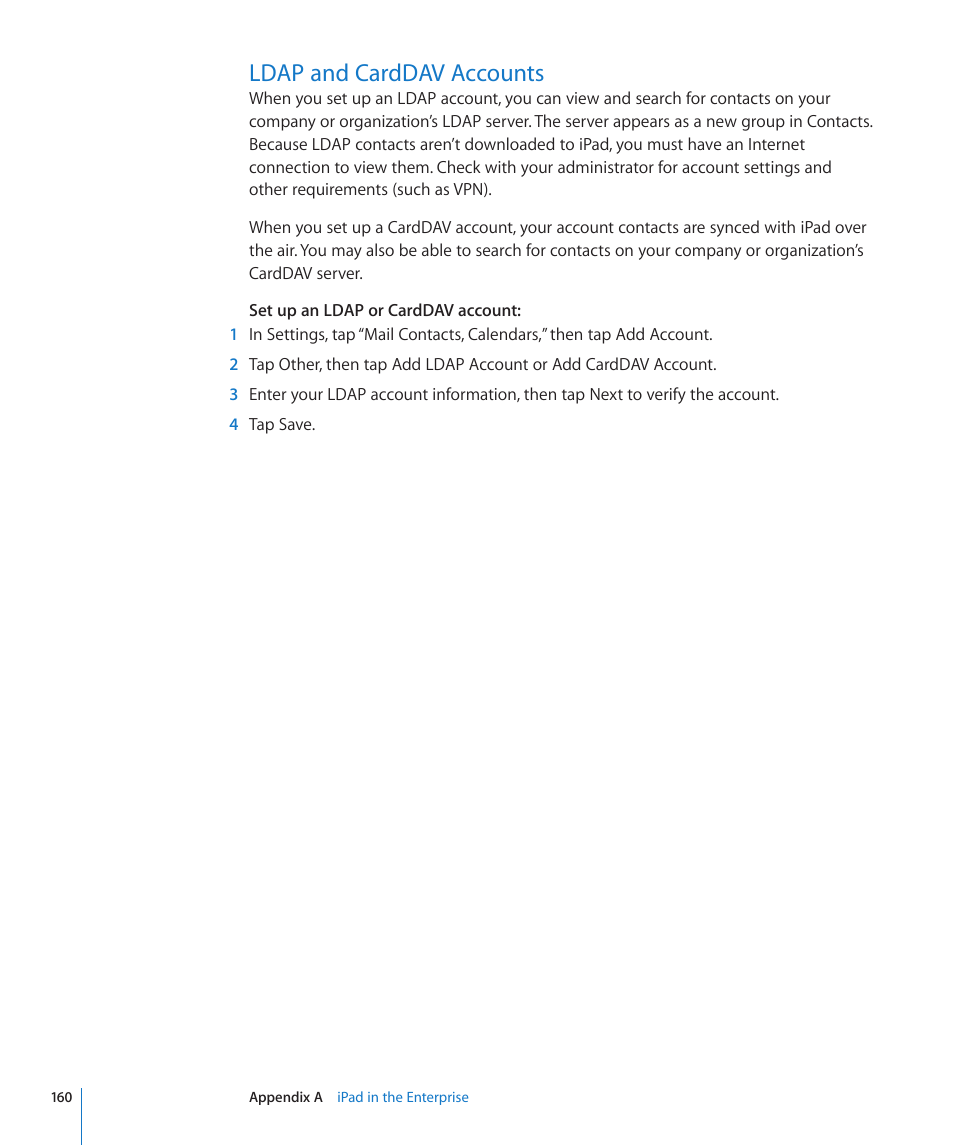 Ldap and carddav accounts, 160 ldap and carddav accounts | Apple iPad iOS 4.2 User Manual | Page 160 / 181