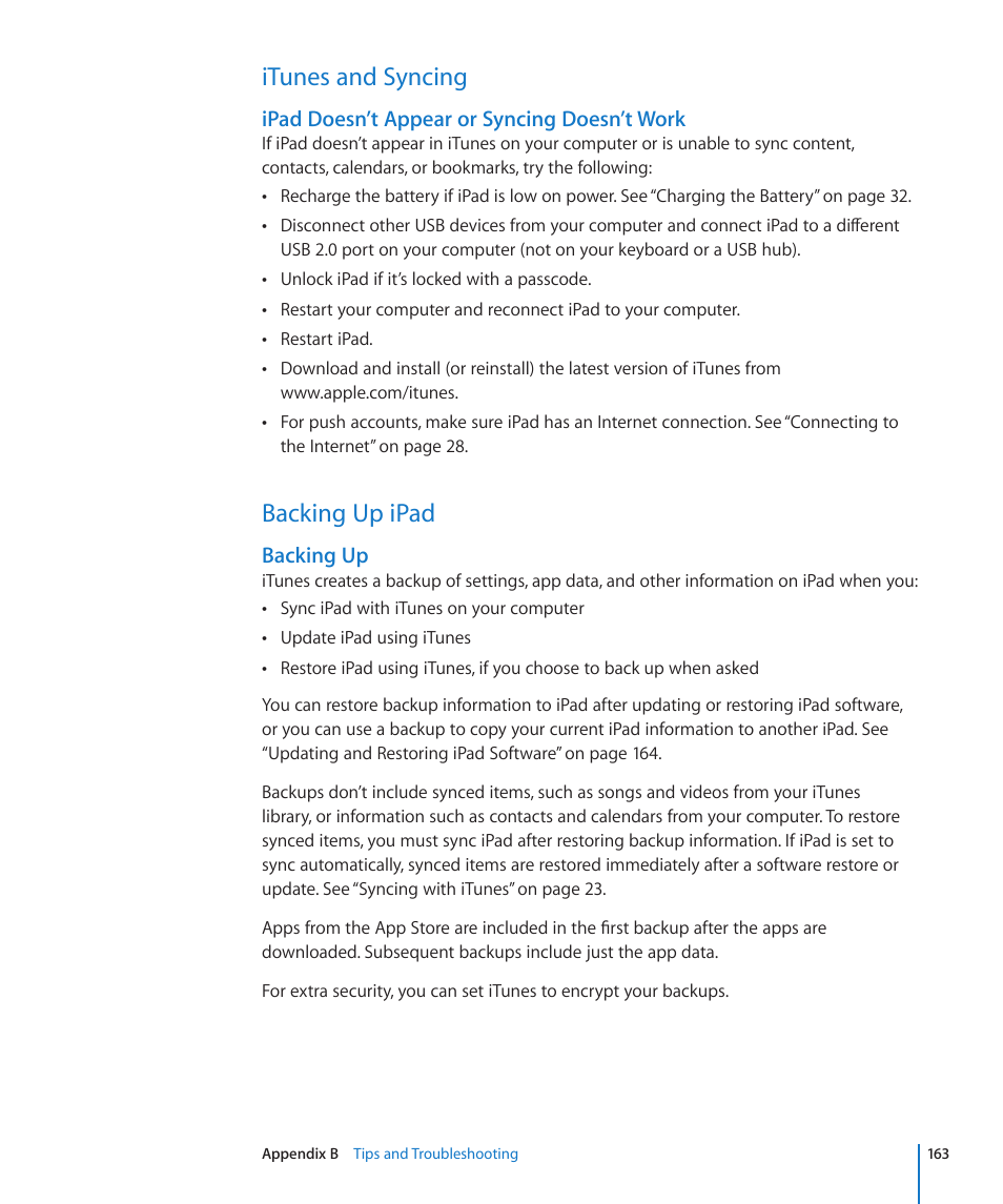 Itunes and syncing, Backing up ipad, 163 itunes and syncing 163 backing up ipad | Ipad doesn’t appear or syncing doesn’t work, Backing up | Apple iPad iOS 4.2 User Manual | Page 163 / 181