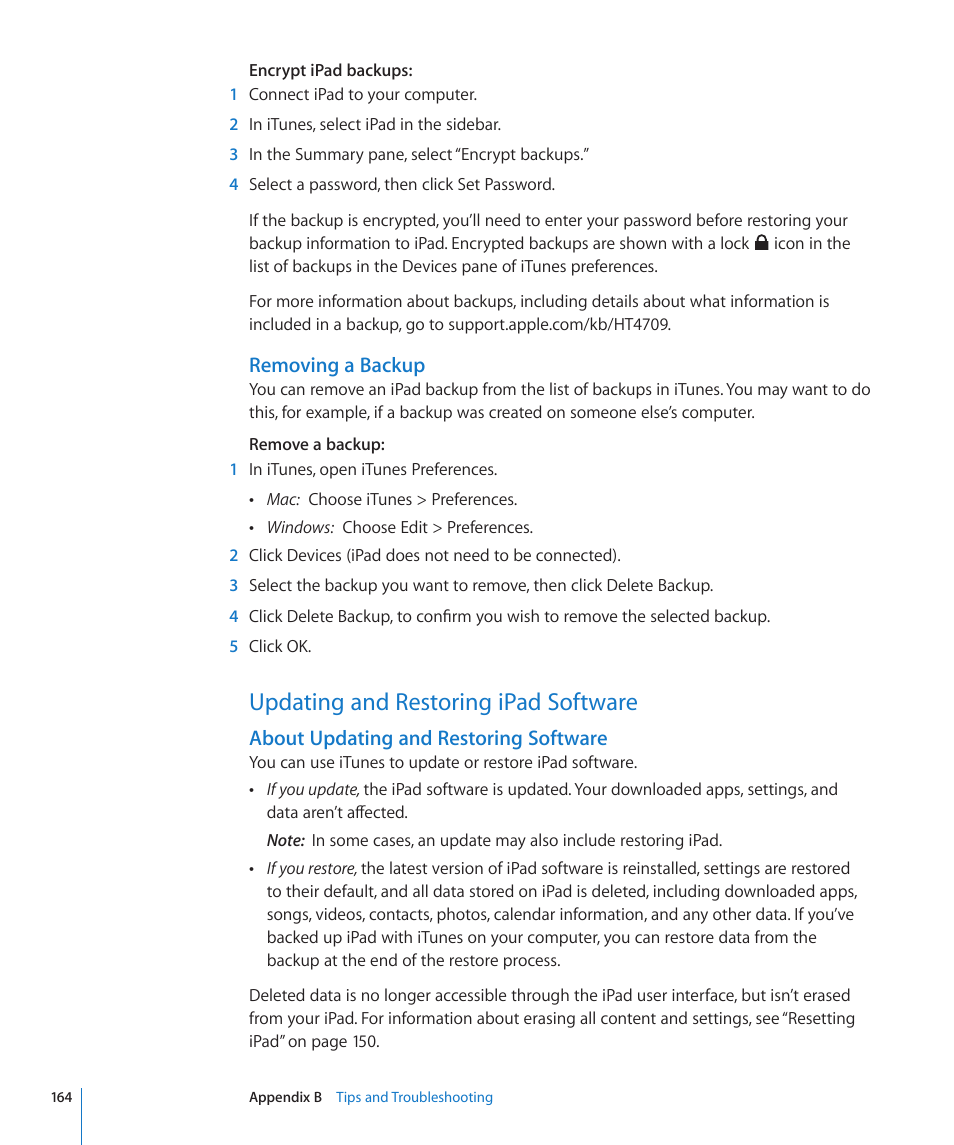 Updating and restoring ipad software, 164 updating and restoring ipad software, Removing a backup | About updating and restoring software | Apple iPad iOS 4.2 User Manual | Page 164 / 181