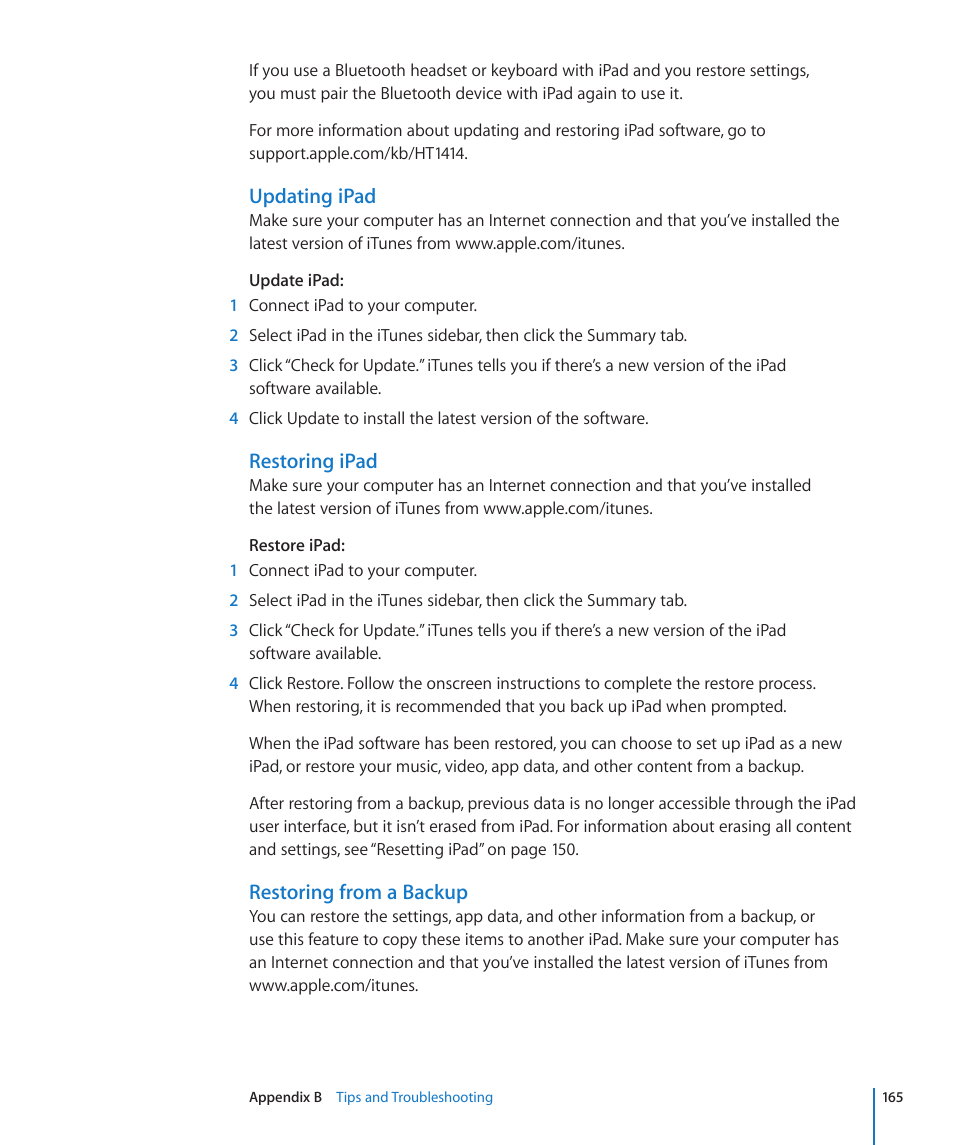 Updating ipad, Restoring ipad, Restoring from a backup | Apple iPad iOS 4.2 User Manual | Page 165 / 181