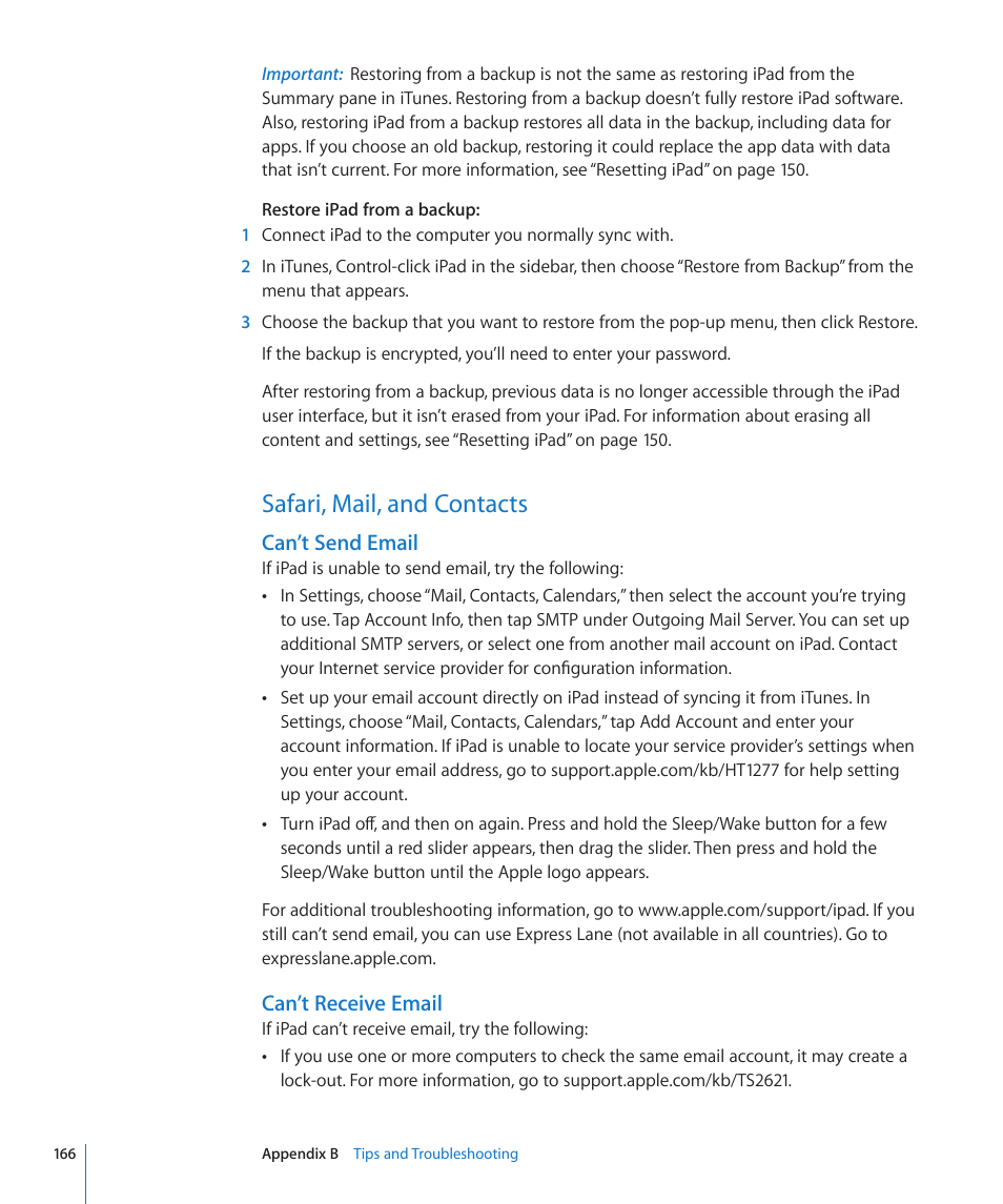 Safari, mail, and contacts, 166 safari, mail, and contacts, Can’t send email | Can’t receive email | Apple iPad iOS 4.2 User Manual | Page 166 / 181