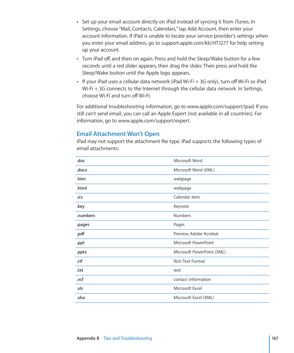 Email attachment won’t open | Apple iPad iOS 4.2 User Manual | Page 167 / 181