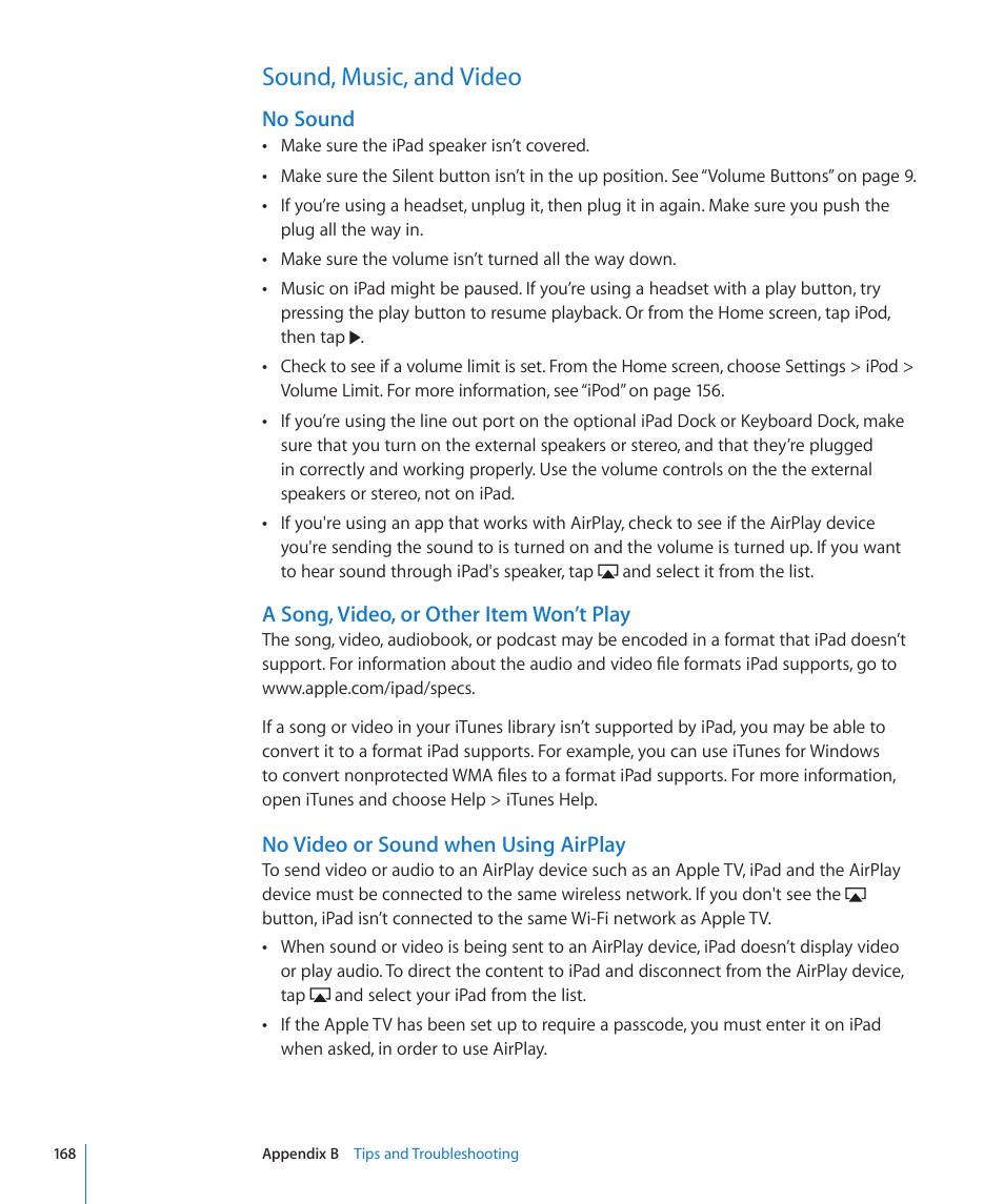 Sound, music, and video, 168 sound, music, and video, No sound | A song, video, or other item won’t play, No video or sound when using airplay | Apple iPad iOS 4.2 User Manual | Page 168 / 181