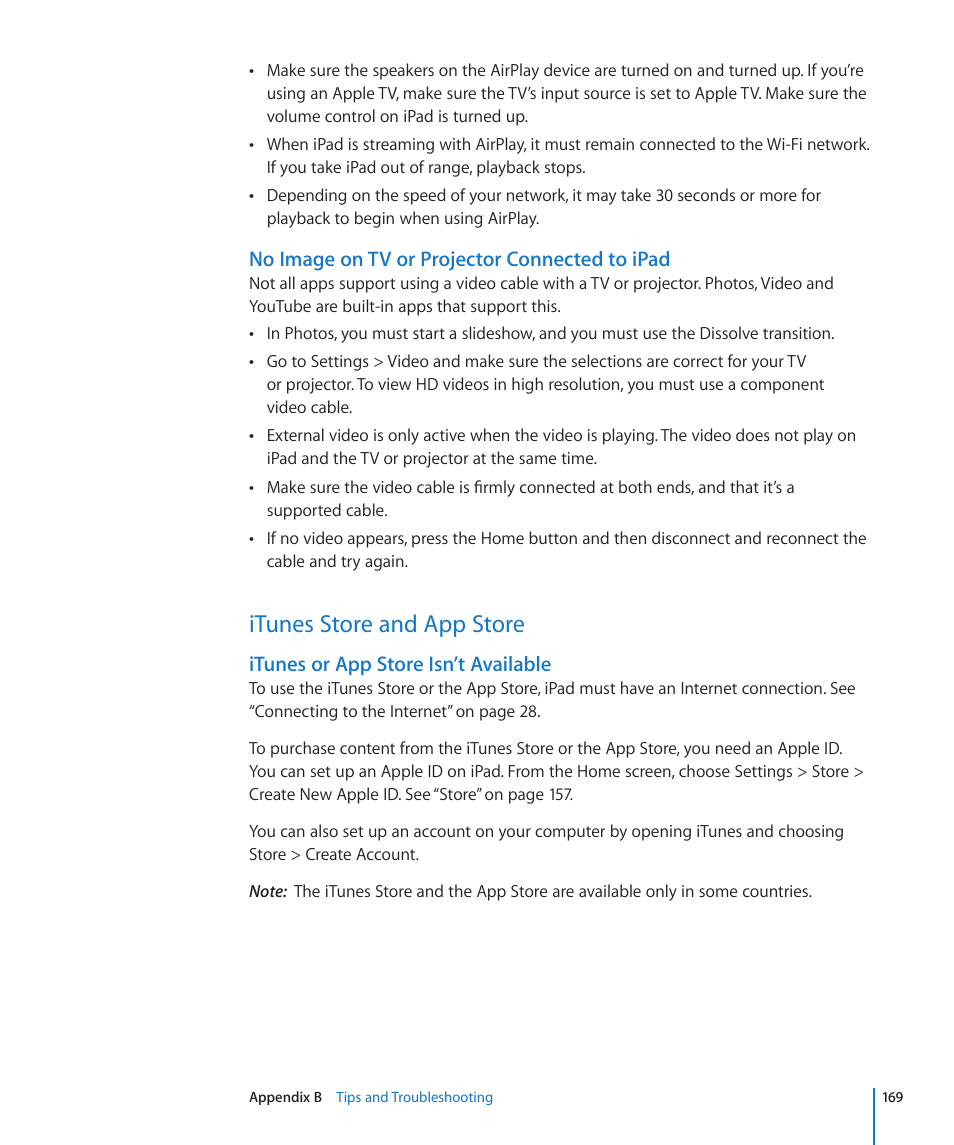 Itunes store and app store, 169 itunes store and app store, No image on tv or projector connected to ipad | Itunes or app store isn’t available | Apple iPad iOS 4.2 User Manual | Page 169 / 181